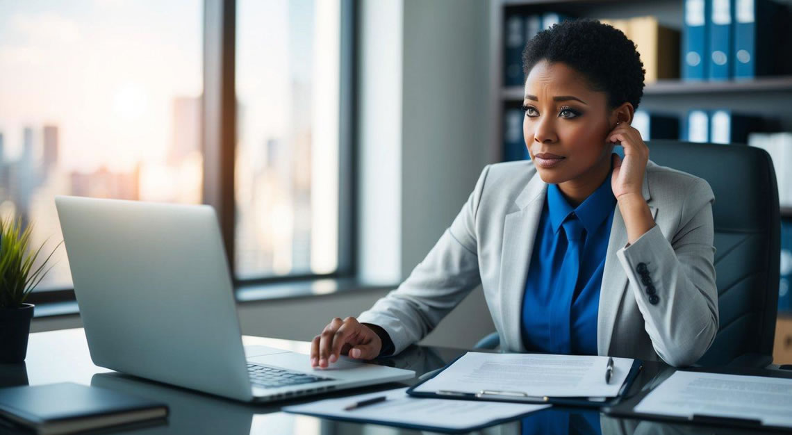 A person sitting at a desk, surrounded by legal documents and a laptop, with a concerned expression on their face