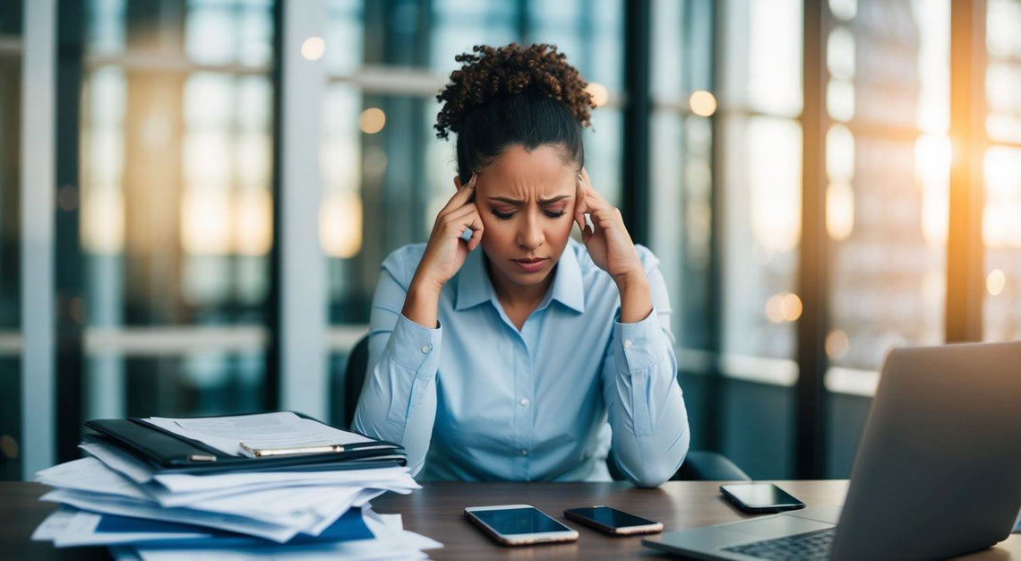 A person sitting at a desk with a pile of legal documents, a phone, and a laptop, looking stressed and confused