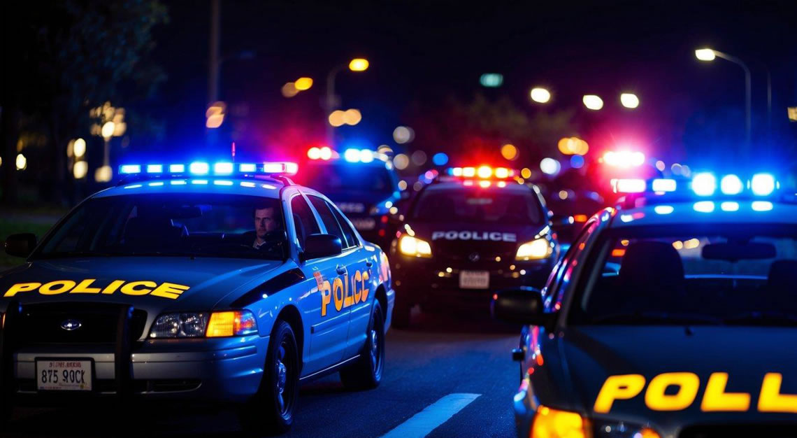 A car pulled over by police at night with flashing lights