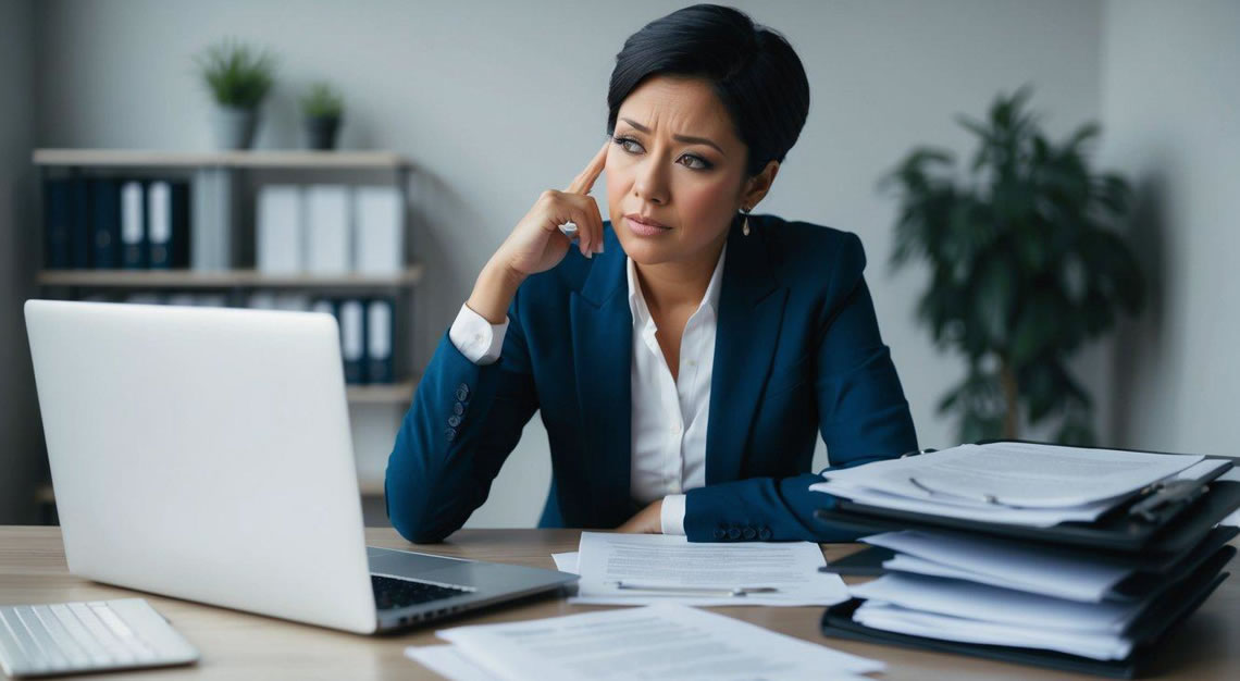 A person sitting at a desk, surrounded by legal documents and a laptop, looking concerned and contemplating their options