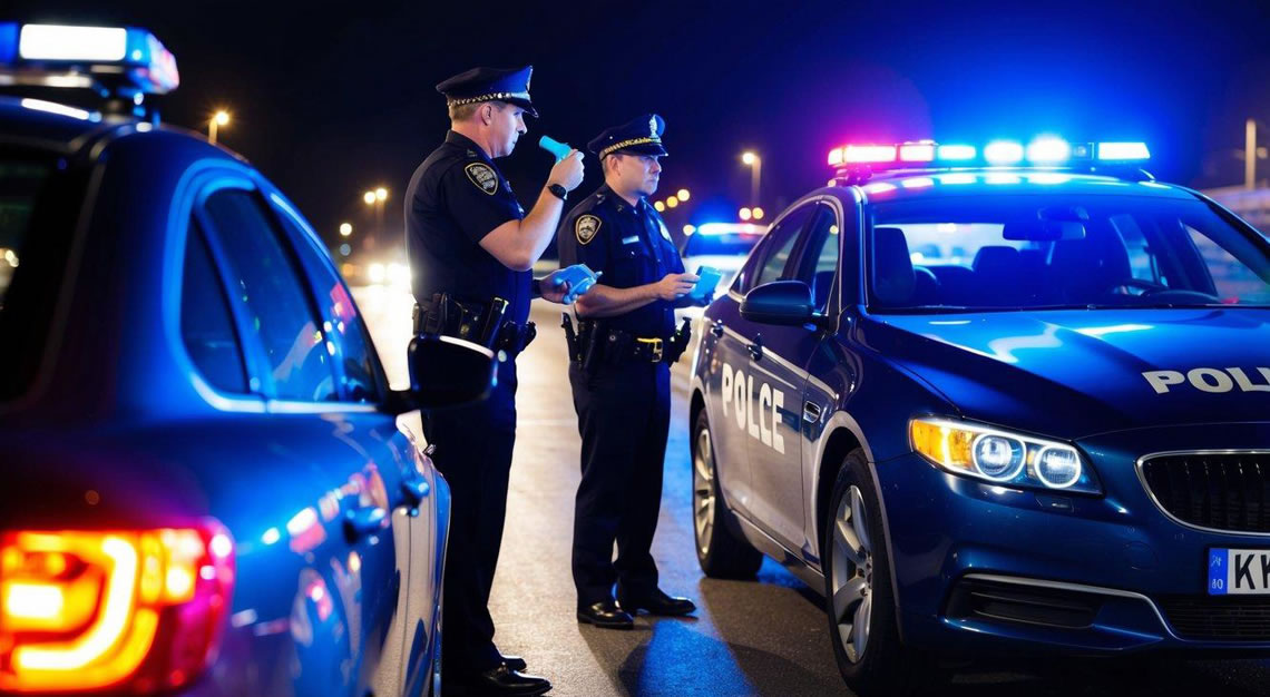 A car being pulled over by police at night, with flashing lights and a breathalyzer test being administered